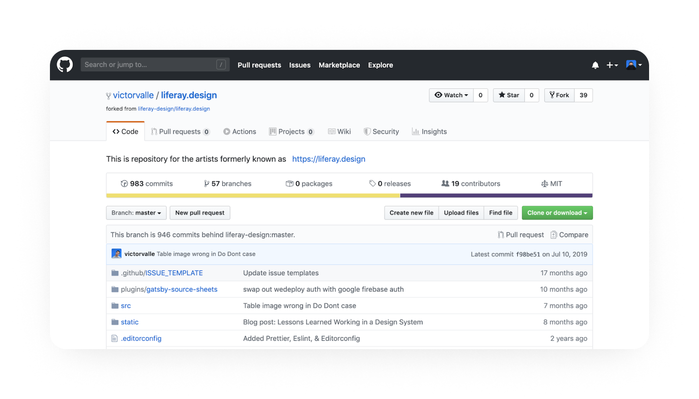 A screenshot showing GitHub user victorvalle’s fork of the Liferay.Design repo.