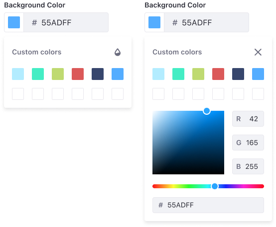 Color picker at its unrestricted version where a custom color palette is shown along with the custom panel