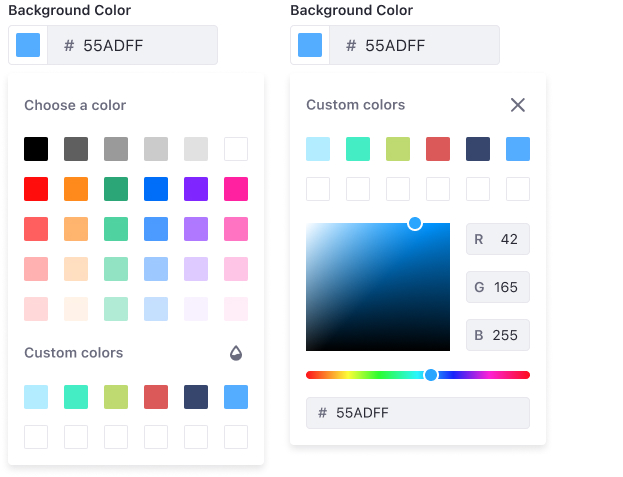 Color picker at its unrestricted version where a predefined color palette is shown along with the custom palette and panel